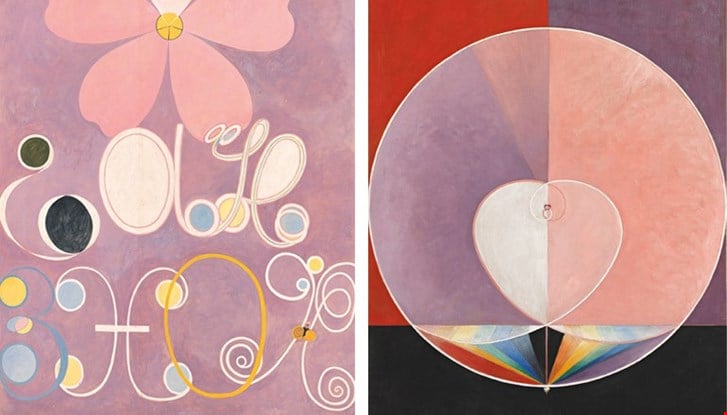 Left to right: Hilma af Klint The Ten Largest, Group IV, No. 5, Adulthood 1907 HAK106; Group IX/UW, The Dove No. 2 1915 HAK174. By courtesy of the Hilma af Klint Foundation. Photos: The Moderna Museet, Stockholm, Sweden.